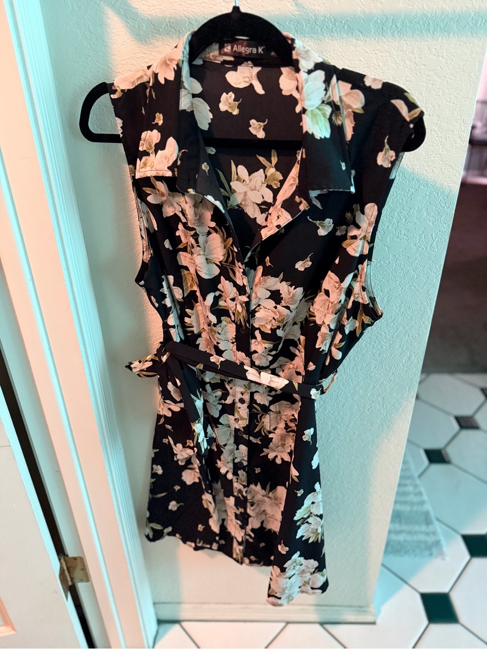 Allegra K Black Floral Sleeveless Belted Dress